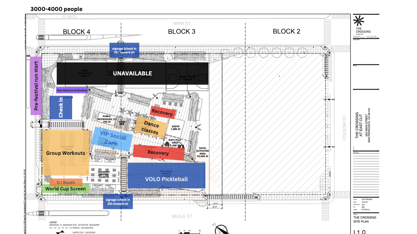 Annotated Crossing at East Cut site plan showing eleven SF Fit Fest zones